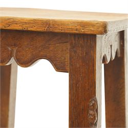 Mouseman - circa 1940/50's oak bar stool, dished square top with shaped apron, raised on four tapering square legs, joined by rails, with carved mouse signature, by Robert Thompson of Kilburn, initialled with provenance from the Old Hall, Thornton-le-Dale, North Yorkshire, further info to follow