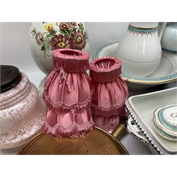 Art Deco pink mottled glass lampshade, together with a Victorian Grimwades part toilet set, including jug and bowl, two chamber pots and soap dish, Wedgwood Pearl pattern part toilet set, jardinere on stand and copper warming pan with ship design and wooden handle, etc, in three boxes