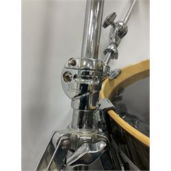 Pearl Vision SST Birch Ply shell four-piece drum kit in black comprising bass drum with foot pedal and three graduated toms; together with Pearl Custom Alloy Sensitone steel snare drum, drum and cymbal stands, microphone stand, stool and various drum sticks 