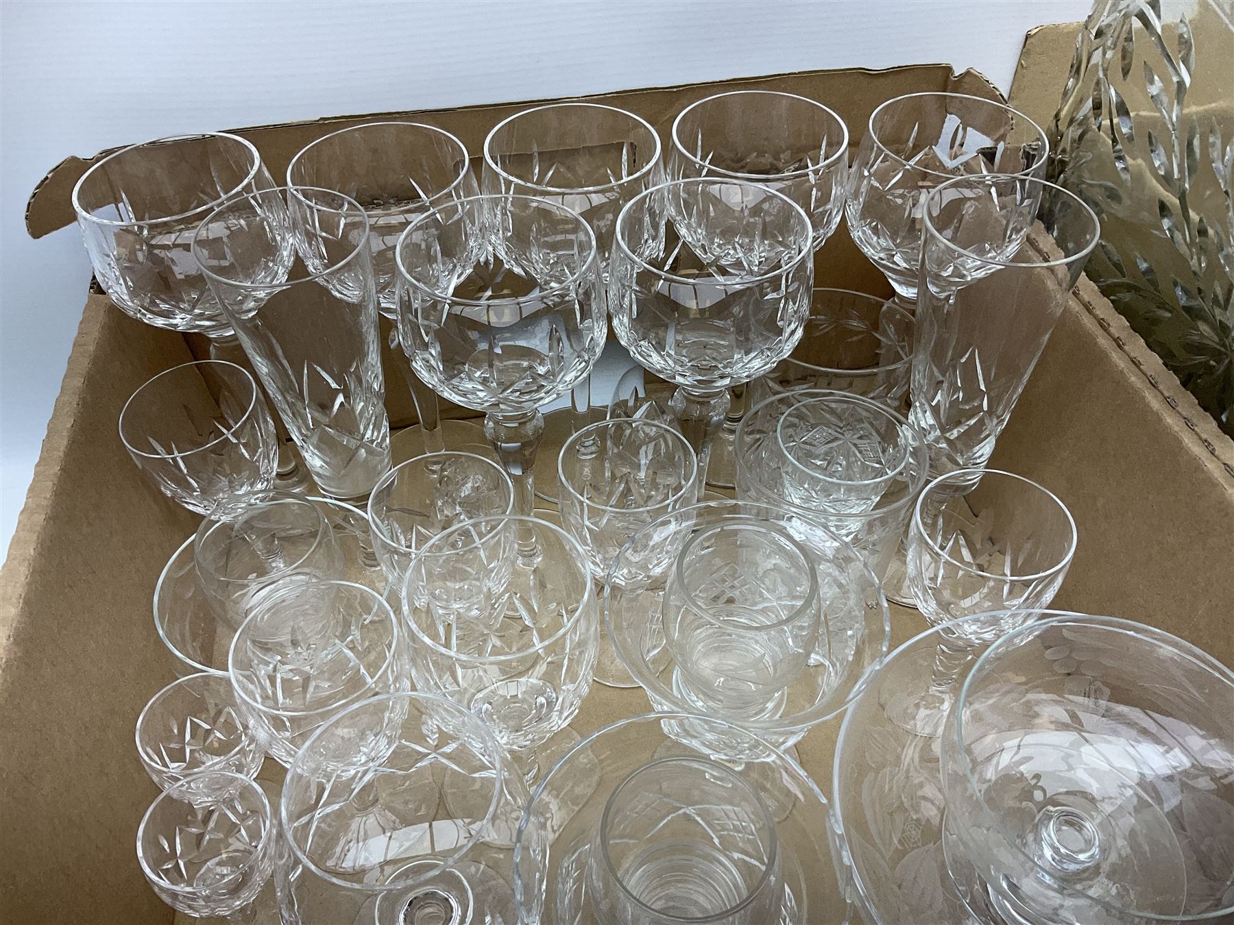 Stuart Crystal Hardwicke pattern glasses, silver mounted glass tray stamped Birmingham 1909, silver collared bottle, pukeberg of Sweden owl paperweight, decanter, mantel clock, dressing table brush set etc in three boxes