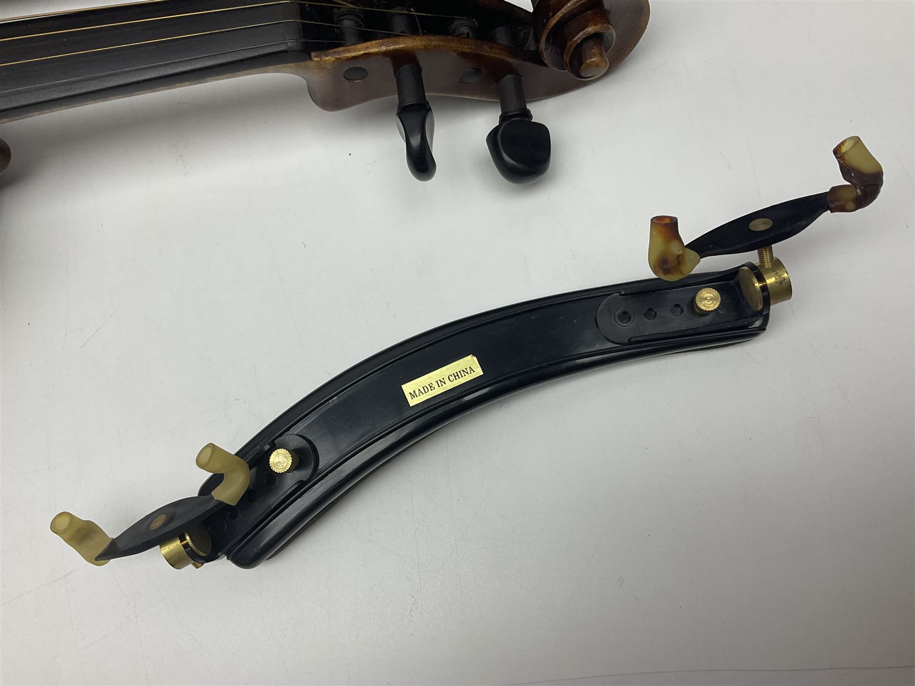 German trade violin in the Steiner style c1900 with 35.5cm two-piece maple back and ribs and spruce top L59cm overall; in fitted carrying case with two bows; and a Saxony violin with 35.5cm one-piece maple back and ribs and spruce top L58.5cm overall (2)