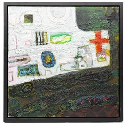 Gillian Ross Kelsey (British 1935-2025): 'Sacred Symbols', mixed media on board unsigned, titled on label verso 60cm x 61cm