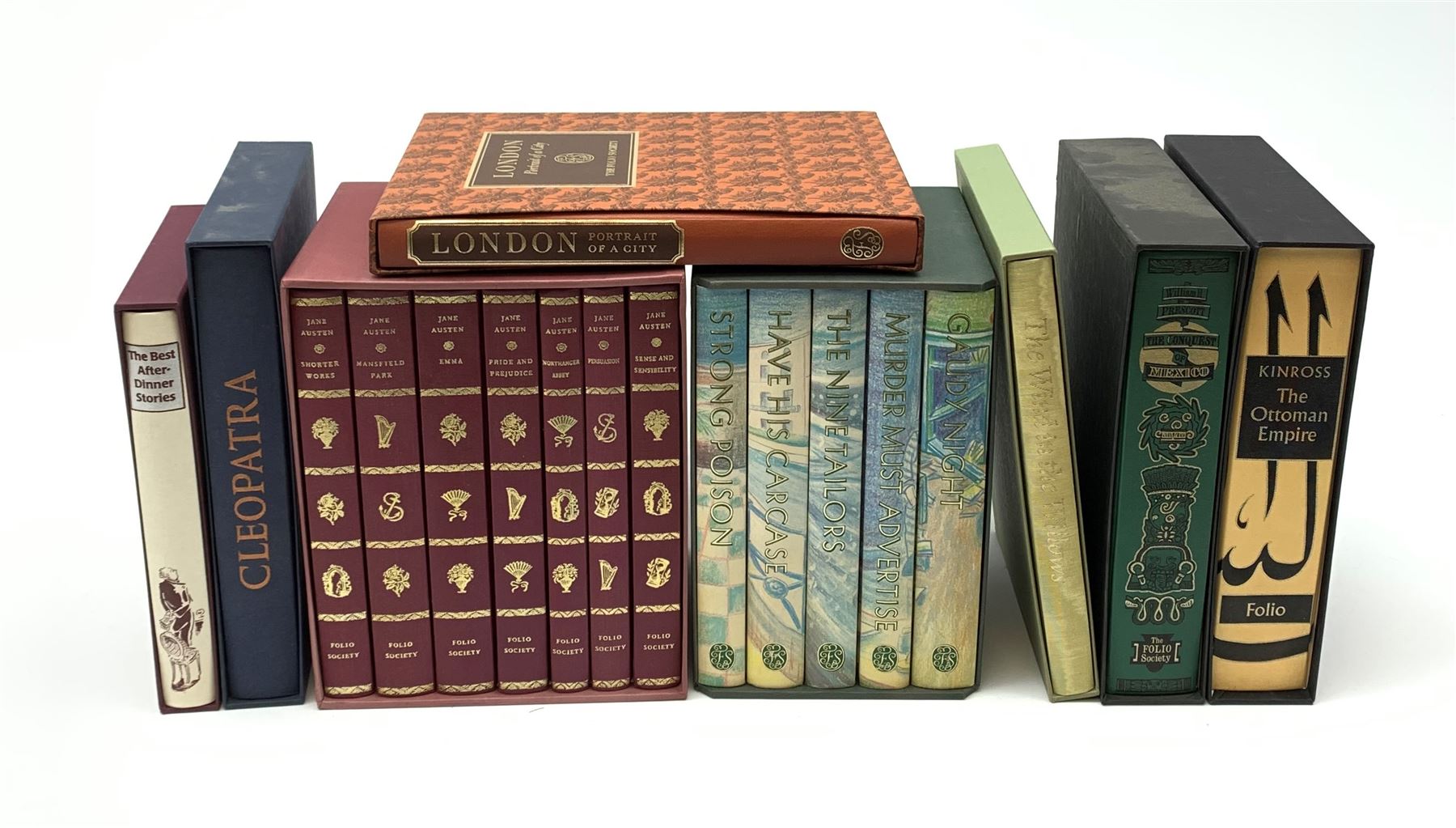 Folio Society - eight slip cases including Jane Austen in six volumes, Dorothy L. Sayers Crime Collection in five volumes, The Conquest of Mexico, The Ottoman Empire, Cleopatra, The Wind in the Willows etc