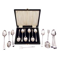 Group of silver spoons, including set of six 1930's silver coffee spoons, hallmarked W H Haseler Ltd, Birmingham 1934, contained within a fitted case, a set of four William IV Old English pattern teaspoons, no assay office mark, date letter for 1835, maker's mark worn and indistinct, a 1930's pickle fork with mother of pearl terminal, hallmarked Viner's Ltd, Sheffield 1934, and four other silver spoons, approximate total silver weight 5.39 ozt (167.5 grams)