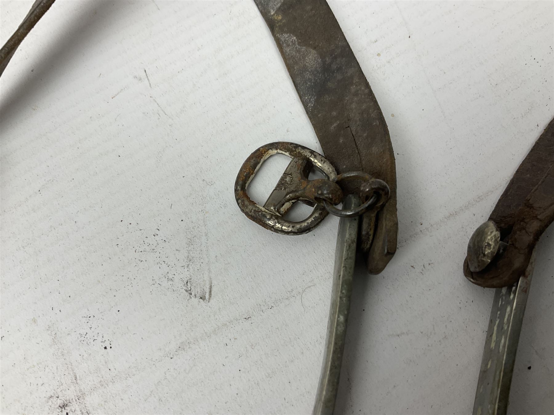 British Army General Staff officer's peaked cap by Herbert Johnson London in Moss Bros. delivery box; two officer's Sam Browne leather belts; leather pistol holster and sword hanger; pair of leather gloves and pair of spurs