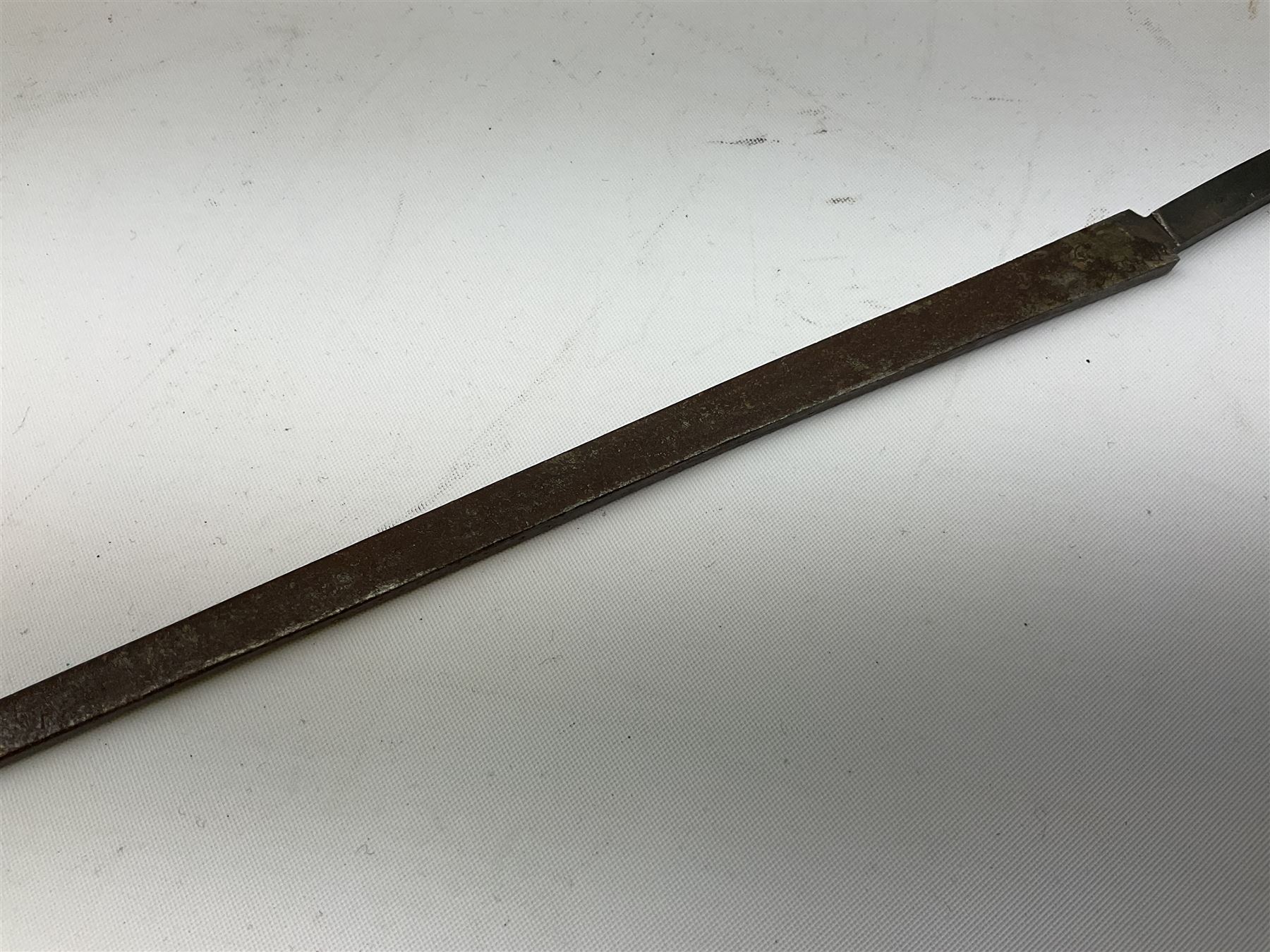 Patinated 'bronze' fantasy dagger, the 26cm blade, hilt and scabbard cast with dragons L50cm overall; hand forged iron spearhead L29.5cm; and a stiletto blade (3)