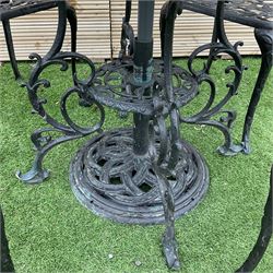 Victorian design - cast aluminium circular garden table, four chairs and parasol with base - THIS LOT IS TO BE COLLECTED BY APPOINTMENT FROM DUGGLEBY STORAGE, GREAT HILL, EASTFIELD, SCARBOROUGH, YO11 3TX