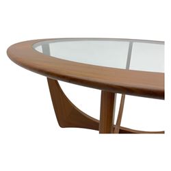 G Plan - Mid-century teak coffee table, circular form with inset glass top within a wide chamfered teak border, on sculptural cruciform base with curved intersecting supports