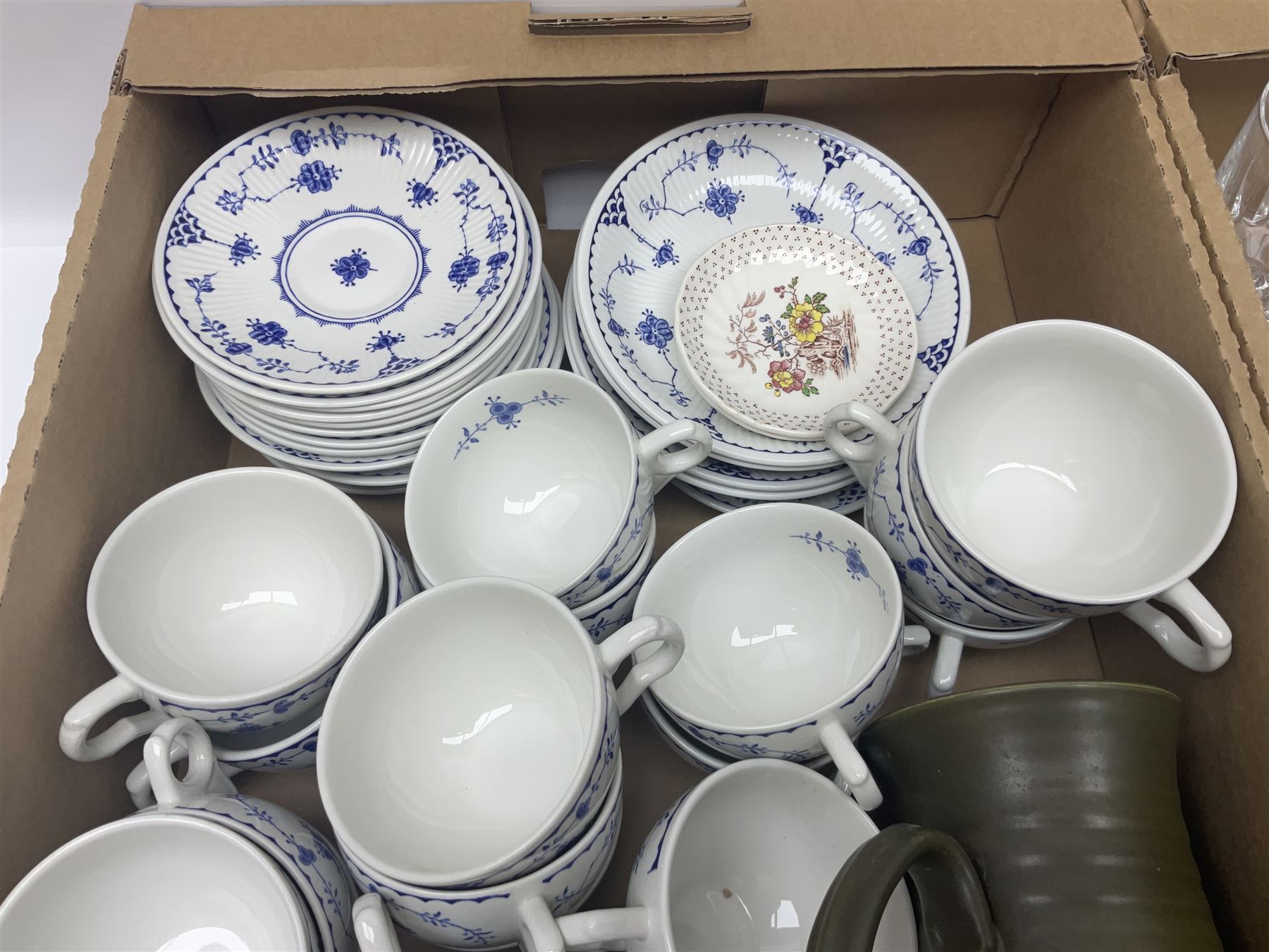Masons and Furnival Denmark pattern blue and white tea wares, together with a Royal Worcester trinket box, Leedsware bowl and other ceramics and glassware, in four boxes