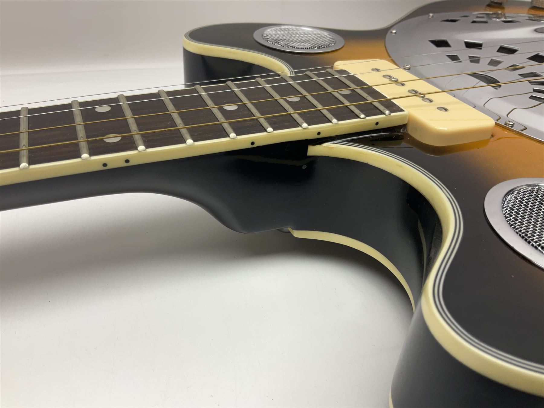 Eastwood of Canada Delta 4 electric four-string tenor resonator guitar with tobacco sunburst finish, serial no.1703437 L100cm; in original soft carrying case