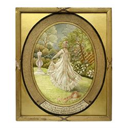 George III silkwork picture, of oval form depicting a female figure in garden setting, within a silkwork border detailed with verse from Robert Burns Bonnie Peg, 'Her air sae sweet, and shape complete, The Queen of Love did never move, Wi' Motion mair enchanting!', and monograms 'FV' and 'SM', in reeded gilt frame and gilt mount, indistinctly inscribed in pencil verso, overall H36cm L30.5cm