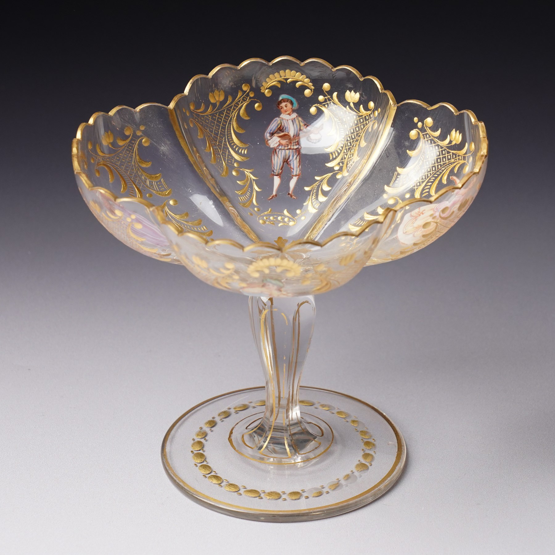 Lobmeyr style tazza, of quatrefoil form with painted enamel figures, H12cm 