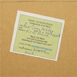 Barry De More (Yorkshire 1948-2023): 'Bull Green Halifax', oil and impasto signed titled and dated 2012 verso 47cm x 56cm
Notes: Acclaimed as one of the North's greatest expressionist artists, Barry De More (1948-2023) used a heavy impasto style to transfer his love of Yorkshire landscapes, townscapes and people to canvas. His work sits comfortably in the company of work by Kossoff and Auerbach, selling to collectors in the UK and overseas. De More's work can be found in the permanent collection of work by Northern Artists at Dean Clough, one of the UK's largest contemporary art galleries.