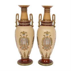 Villeroy & Boch Mettlach, pair of twin handled vases, decorated with floral panels and beaded neck, model 2505, H34cm 