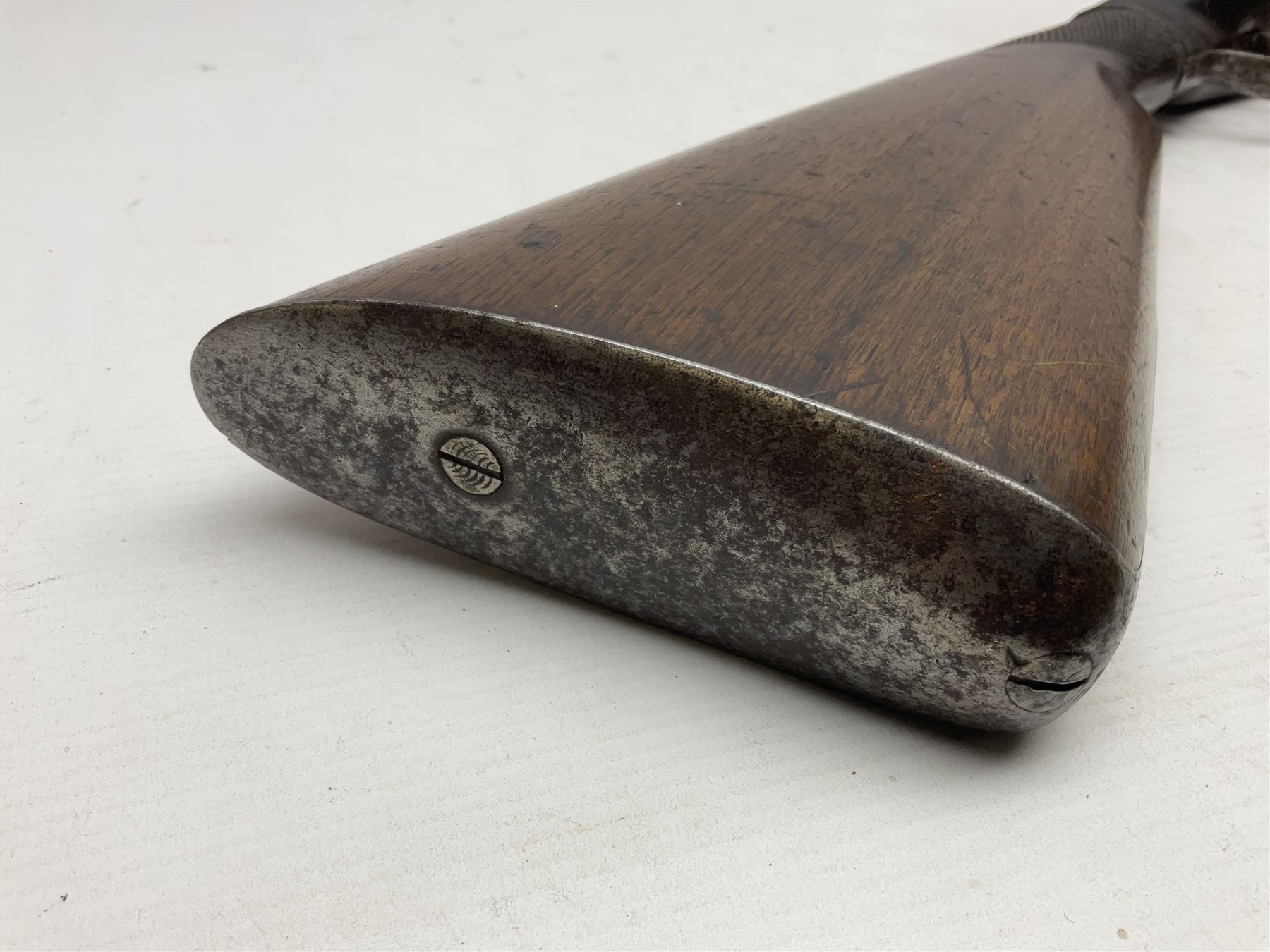 19th century take down 'cripple stopper' single barrel percussion gun, removable walnut stock with bayonet style fitting, chequered grip and fore-end, approximately 8-bore, the 59.5cm (23