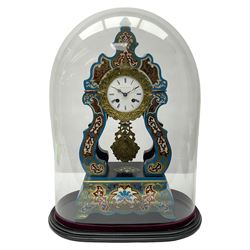 Breguet A Paris - Mid-19th century 8-day French portico clock, ebonised case with brass and cloisonne inlay, on a rectangular plinth with a shaped base, white enamel dial with blue Roman numerals, minute track and steel trefoil hands, cast brass bezel with scroll and foliate decoration and a conforming gridiron pendulum, twin train going barrel movement with a countwheel strike sounding the hours and half-hours on a bell, with an ebonised base and glass dome. 