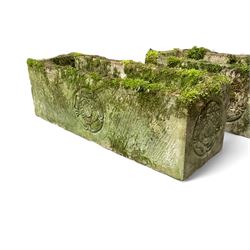 Pair of Yorkshire Rose weathered cast stone trough planters