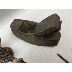 Quantity of woodworking tools, comprising hand drills to include Stanley No. 803 and No. 5803, Qualcast Clipper etc, together with collection of planes to include moulding examples and rebate plane of stepped form, and further tools including chisels etc