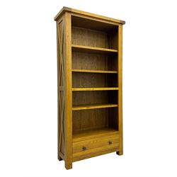 Oak Furnitureland, golden oak open bookcase fitted with single drawer