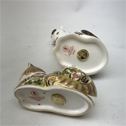 Two Crown Derby paperweights, the first modelled as Mother Cat, the second as Cottage Garden cat, each with mark beneath, and gold stopper. 