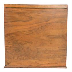 19th century burr walnut correspondence box, the sloped front opening to reveal a fitted interior with perpetual calendar, letter racks, and pen tray between two inkwell recesses, above a pull out draw with recessed brass handle, H41cm L40.5cm D28.5cm