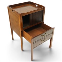  Late 18th century tray top bedside table, tray top with cut out handles, above a tambour shutter, with commode style pull out drawer beneath, raised on square tapering supports