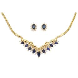 Gold marquise cut sapphire and round brilliant cut diamond necklace and a pair of gold oval cut sapphire and diamond cluster stud earrings, both hallmarked 9ct