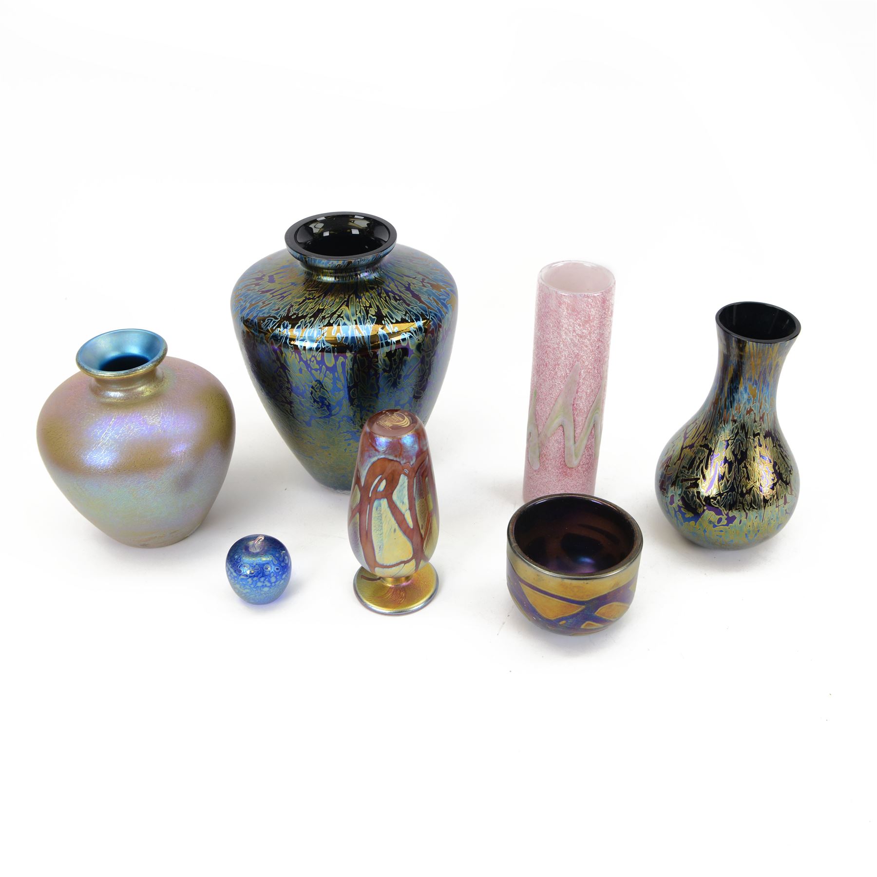 Royal Brierley iridescent glass vase of tapering form, together with another Royal Brierley vase, Alum Bay vase and other iridescent glass items 