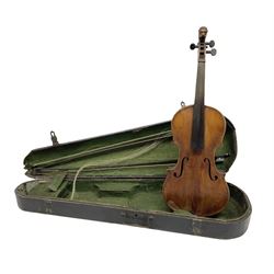 German violin c1890 for restoration and completion with 36cm two-piece maple back and ribs and spruce top and carved lion head, bears label 'Henry Betts Royal Exchange London' L59.5cm overall; in ebonised wooden case with two bows