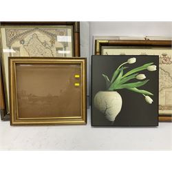 Andrew Gilmour; 'Ribblehead to Hawes' and 'Hag Dyke', three framed maps, together with three canvas flower prints, etc