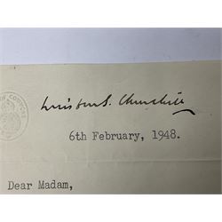 CHURCHILL WINSTON S.: (1874-1965) British Prime Minister 1940-45, 1951-55. Nobel Prize winner for Literature, 1953; post-WW2 T.L.S., to Miss Maclellan from Elizabeth Gilliatt Private Secretary thanking her on behalf of Churchill 