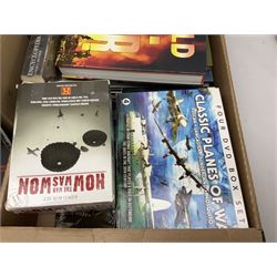 Three boxes of books, periodicals and DVDs of military interest with particular emphasis on WW2 including The History of World War Two in thirty original parts by Orbis, The D-Day Experience by Richard Holmes, The World War Two Databook, The World at War, Special Forces etc