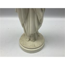 Parian ware figure of a woman in classical dress with one hand raised, H34cm