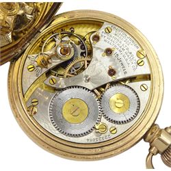 Early 20th century gold-plated full hunter 15 jewels keyless Preston Junior presentation pocket watch by Waltham, made for Preston Ltd, Boton, No. 22323684, white enamel dial with Roman numerals, the case monogrammed A G