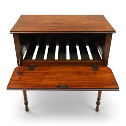 Early 19th century mahogany deception table with drop-front, rectangular top over drop-front with button action to the side, enclosing slatted-base compartment, raised on turned supports