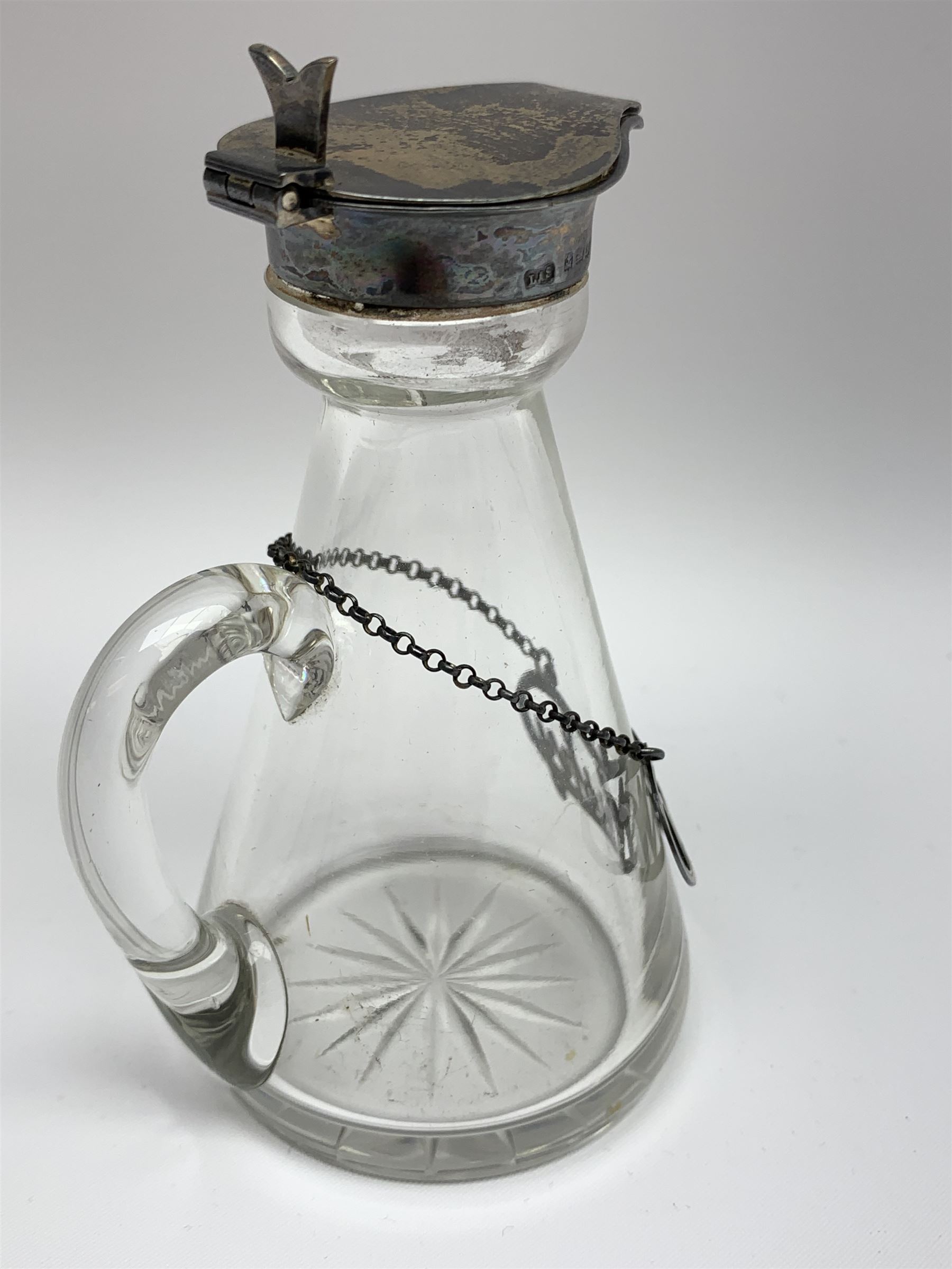 Edwardian silver mounted whisky noggin, of tapering cylindrical form with hinged flat cover, H11cm, together with a silver whisky label, each hallmarked Levi & Salaman, Birmingham 1909