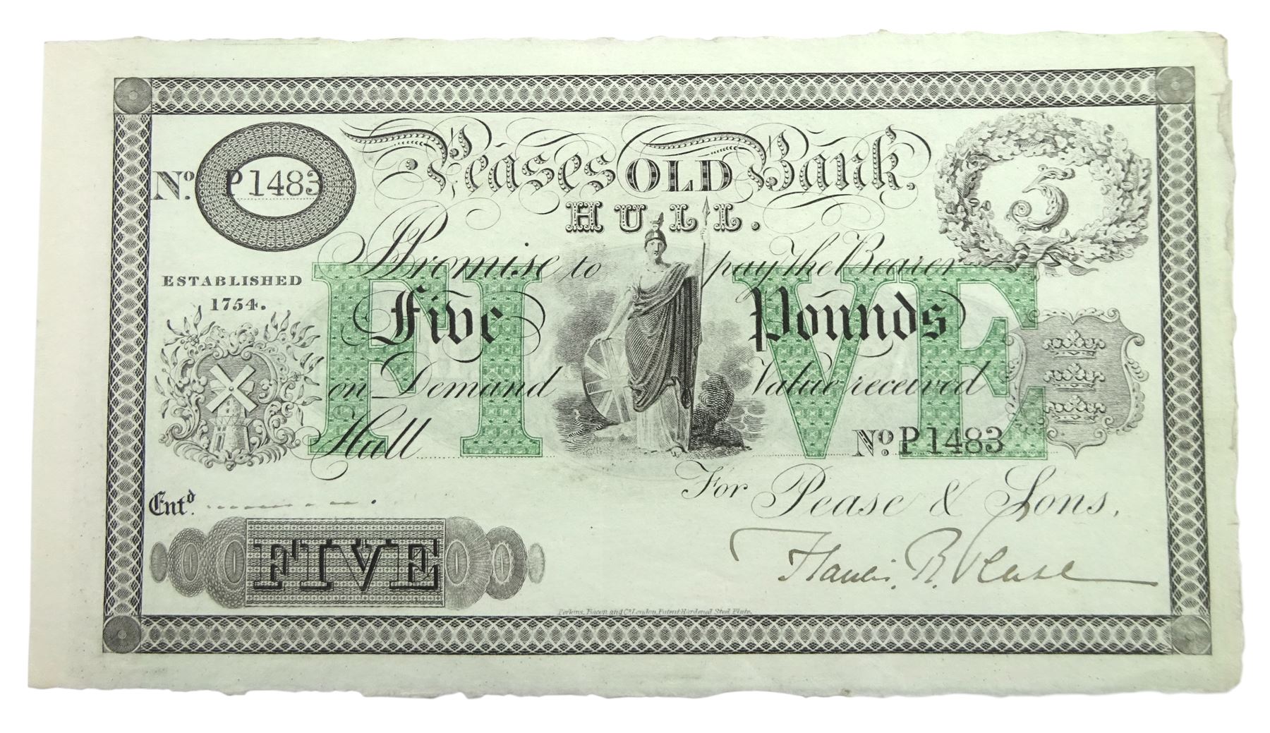 Pease's Old Bank Hull, five pounds banknote for Pease & Sons, numbered P1483, with 'Peases Old Bank, Hull' to the reverse