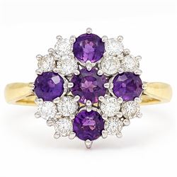 18ct gold amethyst and diamond cluster ring, five round cut amethysts, spaced by twelve ro...
