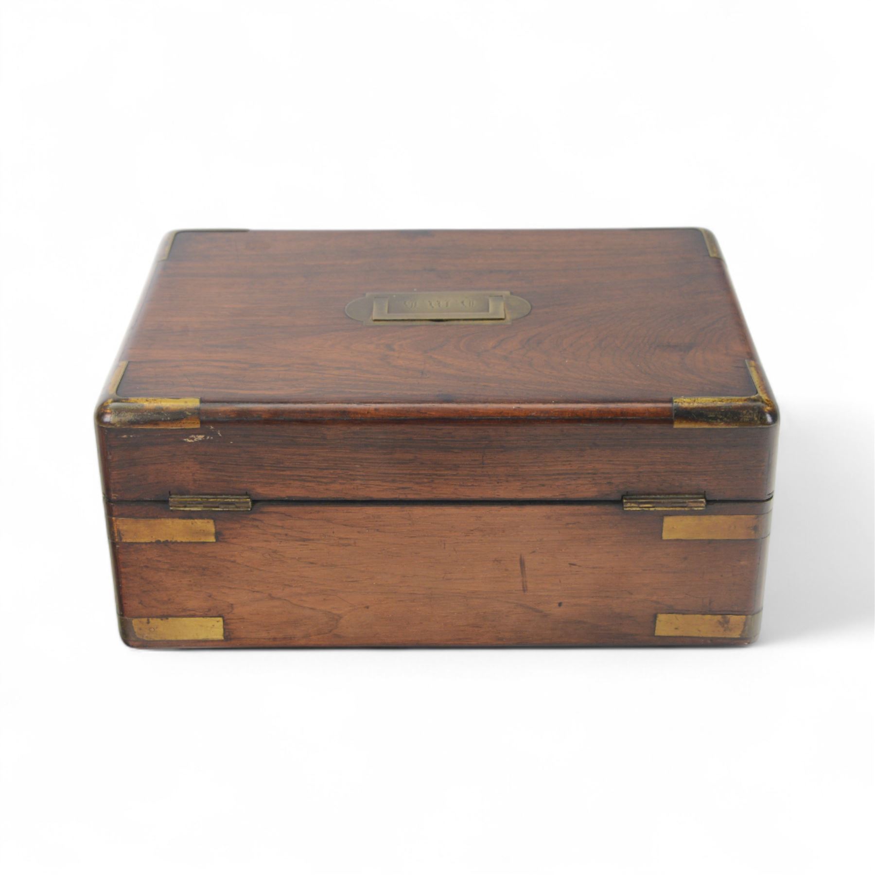 Victorian rosewood brass-bound work box, of rectangular form with flush brass handle engraved with initials, H13cm, W30cm