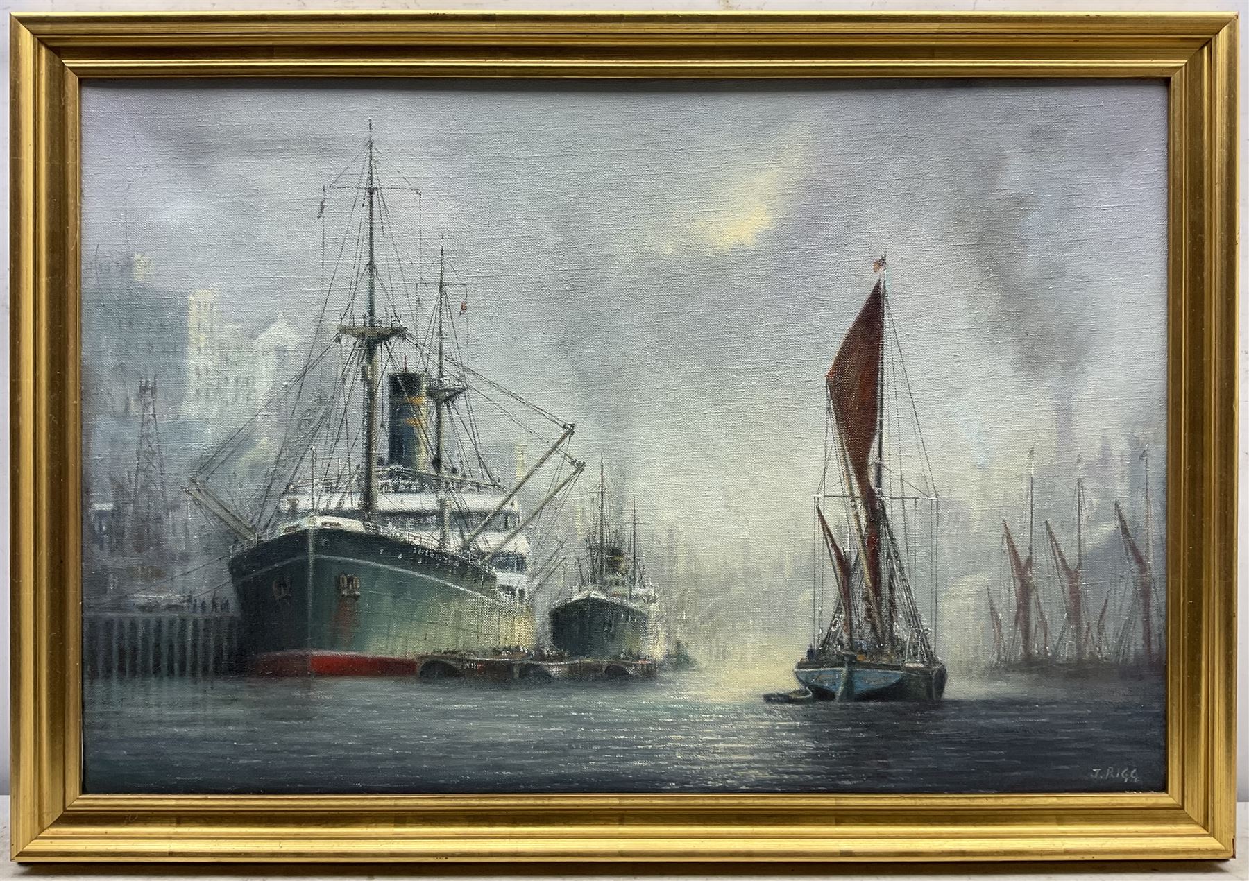 Jack Rigg (British  1927-2023): 'Shipping', oil on canvas signed, titled and dated 1983 50cm x 76cm