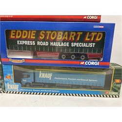 Corgi Eddie Stobart - Hauliers of Renown CC19904 Curtainside Trailer; two limited edition Scania R Curtainside CP18110 & CP18111; Roadscene CC18106 Scania R Curtainside; and three customer livery lorries CC86603  Sunpride, CC86604 Knauf and CC86702 The Mirror; all boxed (7)