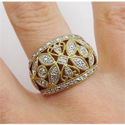 9ct white and yellow gold diamond chip, pierced openwork design ring, hallmarked