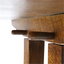 Rupert Griffiths for Monastic Woodcraft - oak 6ft refectory dining table with set six (4+2) matching chairs, rectangular top with arcaded frieze, with trestle base with further arcaded carved stretchers, chairs with carved rails and finials, leather wrapped seats with stud detail, turned supports united by carved stretcher