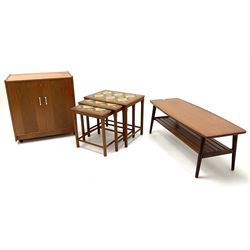 Retro teak record cabinet,  coffee table and nest of tiled top occasional tables