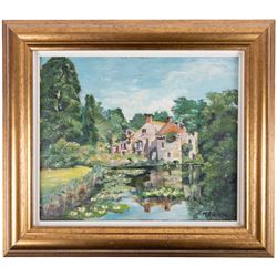 M E Russell (British 20th Century): Mill Pond, oil on board signed 25cm x 30cm 