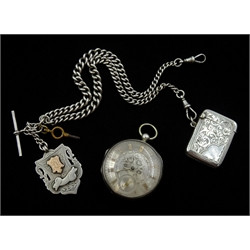  Victorian silver pocket watch Baynton London No.3834, case makers mark JW  London 1850, on silver tapering Albert chain, with T bar and clips by William Walter Cashmore, Birmingham 1910, silver vesta case and silver fob by Herbert Bushell, Birmingham 1901 attached  