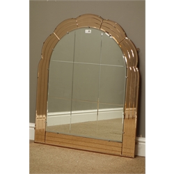  Art Deco period frameless mirror with shaped top, bevelled and amber tinted glass, 76cm x 92cm  