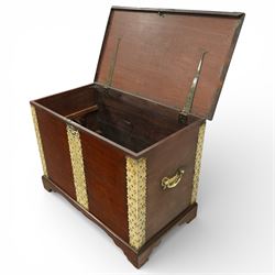 Georgian mahogany brass bound plate chest, the rectangular hinged top mounted with pierced and studded brass straps, fitted with pierced brass escutcheon and large brass handles to the side, lower moulded edge on bracket feet
