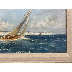 Frank Henry Mason (Staithes Group 1875-1965): Yachting 'Off Dover', oil on canvas laid on to board signed, titled verso 14cm x 25cm 
Provenance: private collection, purchased David Duggleby Ltd 16th March 2015 Lot 16