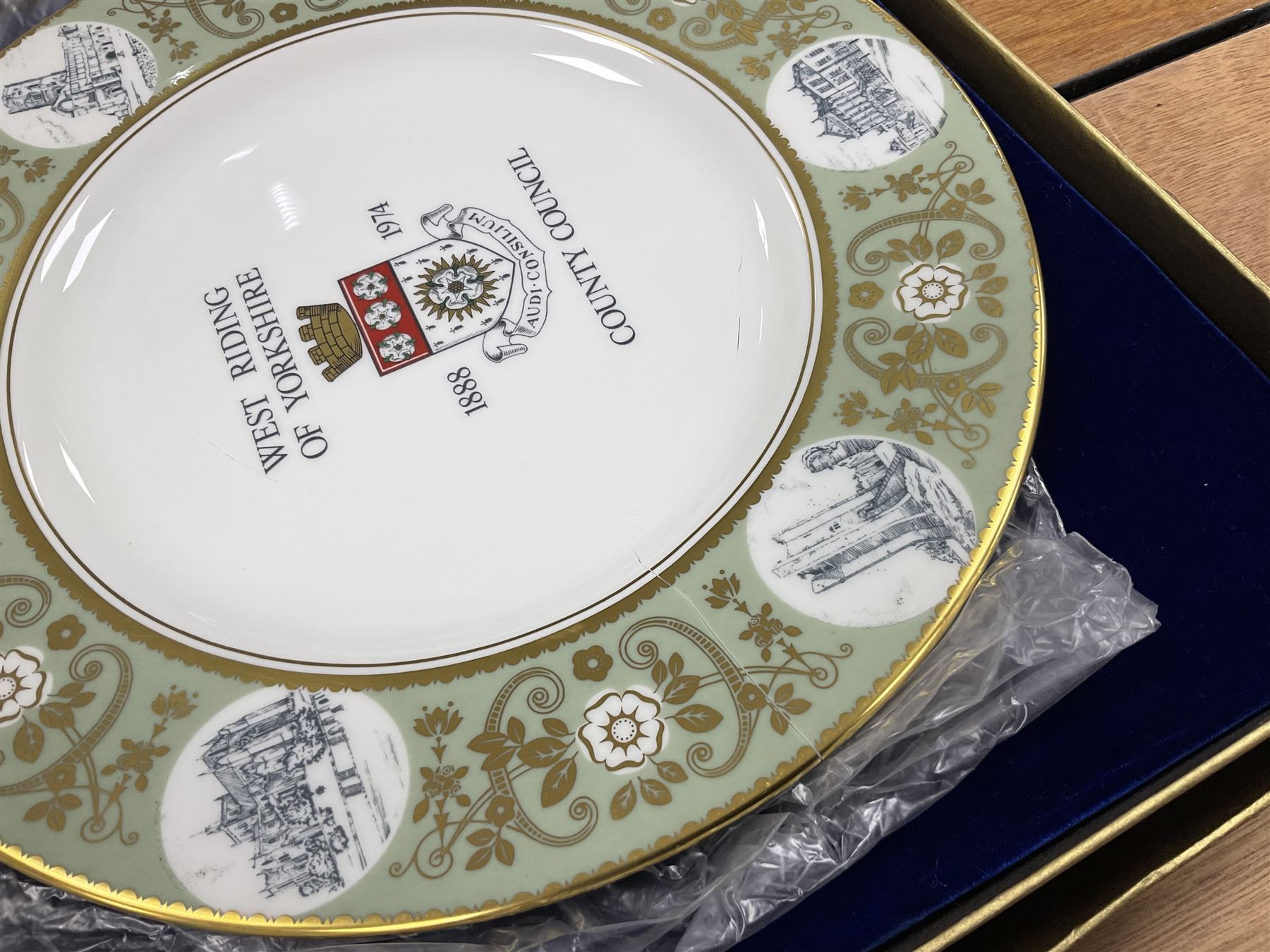 The Daily Express Coronation Souvenir picture book 1937, together with boxed Spode Selby Abbey plate and boxed Wedgwood West Riding of Yorkshire County Council plate 